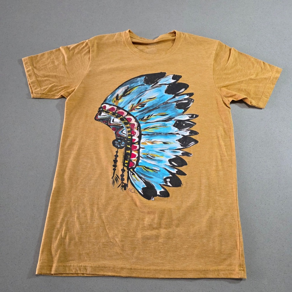 Texas True Threads Mens Headdress Graphic Tee Mustard Yellow Heathered Size L